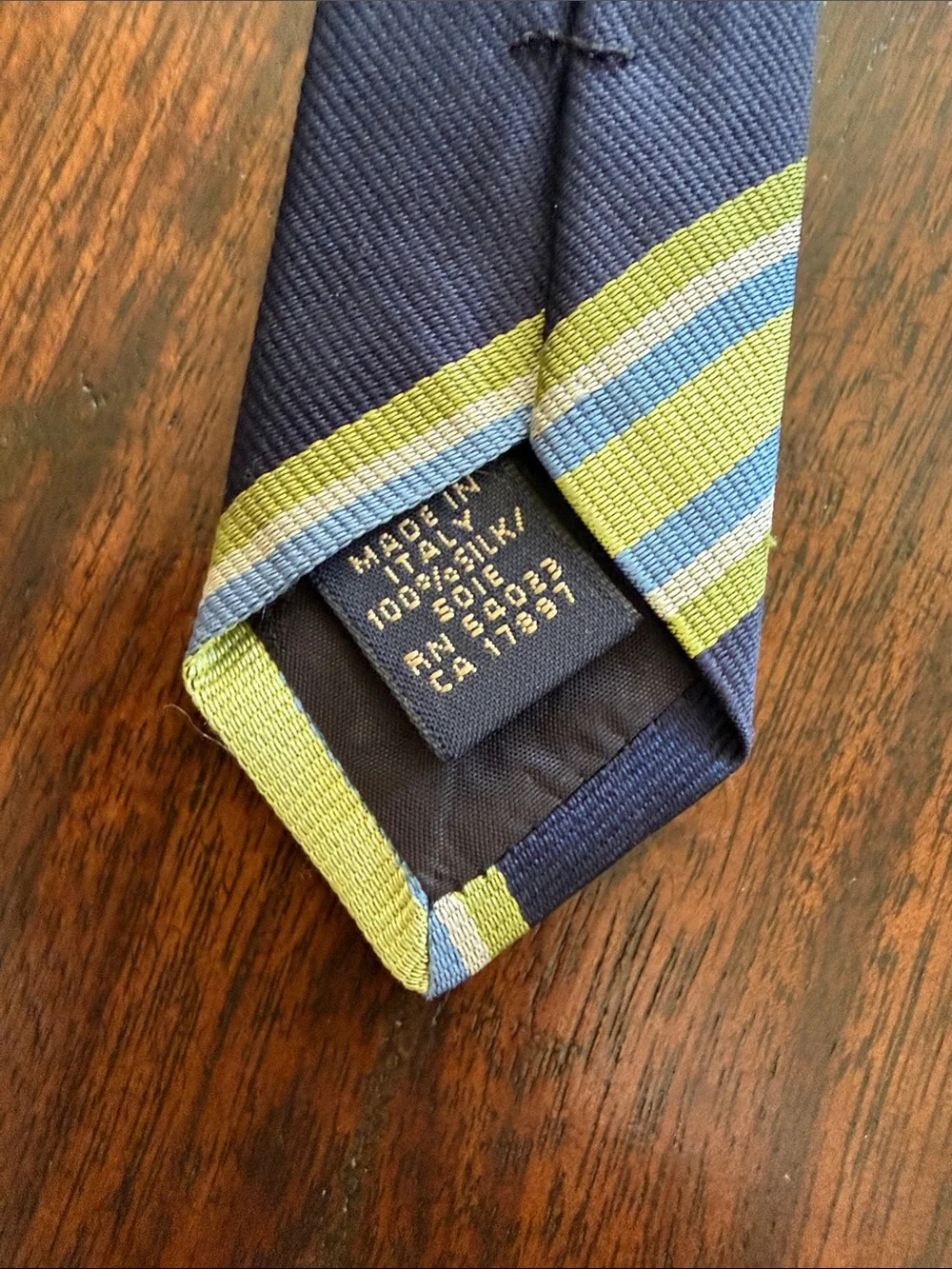 Banana Republic Navy Tie with Green and Blue Stripes 100% Silk Made In Italy